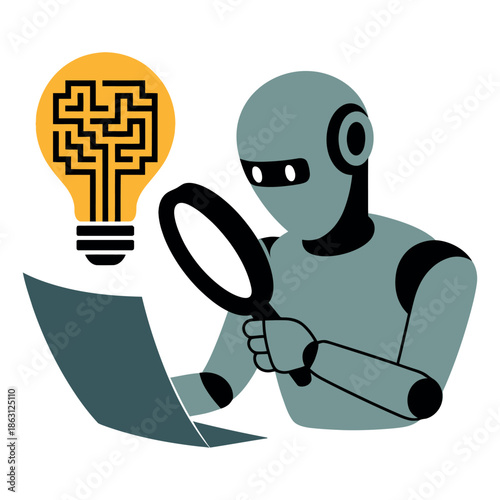 Robot investigates new ideas on a laptop using a magnifying glass near a glowing brain lightbulb.