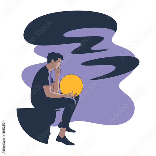 Man holding bright yellow orb contemplates uncertain future with abstract dark clouds surrounding him.
