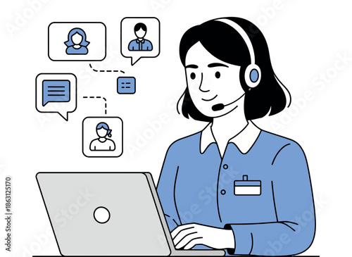 Customer service agent wearing a headset manages multiple online chats from various users simultaneously.