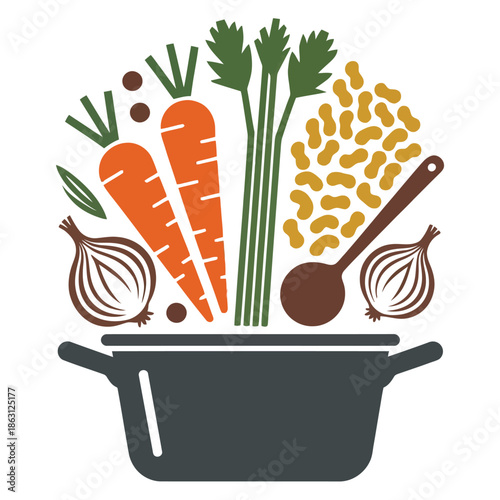 Cooking pot filled with raw ingredients like carrots, celery, and onions represents soup preparation.