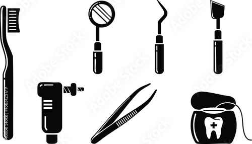 Flat design minimalist black dental instrument icon set showing toothbrush mirror probe scaler drill tweezers and dental floss container isolated on white background vector art silhouette