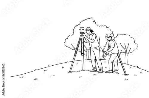 Surveyors use specialized measuring equipment on a slight incline to map terrain for detailed site planning.