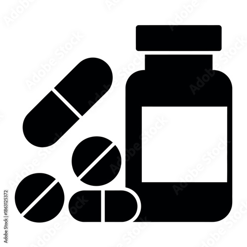 Silhouette icon depicts a medicine bottle next to various prescription pills and capsules for pharmacy use.