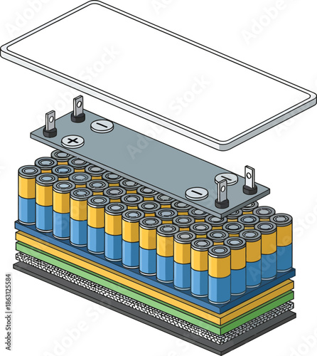 Vintage technology illustration with cash register calculator and battery