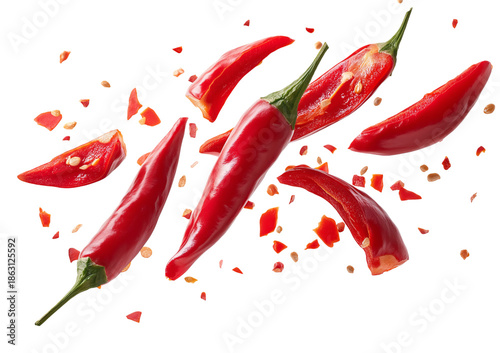 Bright red chili peppers and pieces flying in motion isolated on a transparent background red pepper