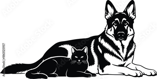 Black and white illustration of loyal dog and cat resting together, symbolizing friendship, companionship, pets, harmony, and domestic animal bond