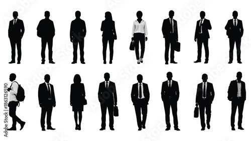 Silhouettes of business professionals in suits and formal attire walking in a group