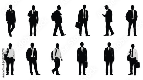 Silhouettes of businessmen in various poses and attire representing modern professional life