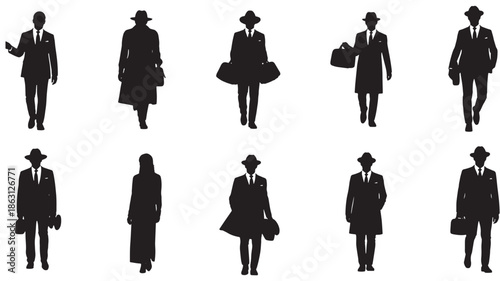Set of Ten Black Professional Silhouette Icons - Men in Suits and Fedora Hats, Woman in Long Coat, Carrying Briefcases and Bags Vector Isolated on White for Corporate, Spy, and Fashion Design