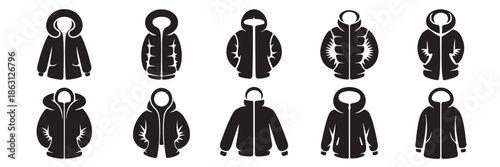 Assortment of winter down jacket collection with hooded puffer designs providing warmth and style in cold weather essential for snow season isolated on transparent backdrop