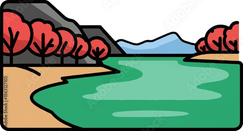 Serene landscape with red trees, a sandy shore, and a tranquil green lake