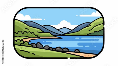 Serene landscape illustration of a calm lake bordered by rolling green hills and distant blue mountains