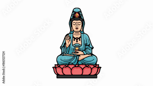 Serene figure in blue robes, seated cross-legged on a vibrant pink lotus flower