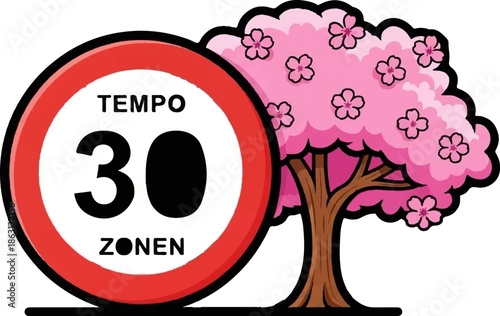 Red circular sign with "TEMPO 30 ZONEN" and a pink blooming tree beside it