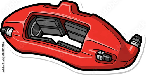 Red brake caliper with internal grey pistons and black fittings