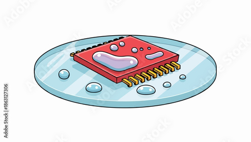 Red microchip with water droplets on a glass surface