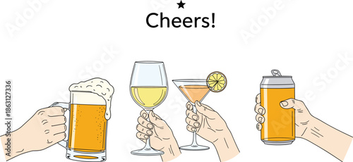 Hands holding different drinks including beer mug, wine glass, cocktail, and can for a toast