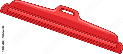 Red plastic toboggan slide with textured surface and integrated handle for winter fun