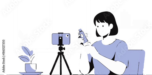 Person recording content with phone on tripod, reviewing product