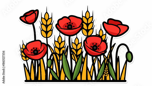 Red poppies and golden wheat stalks, stylized