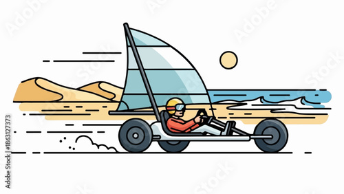 Person rides a land yacht across a sandy beach next to the ocean