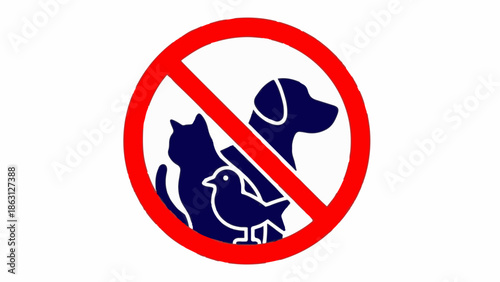 Red prohibition circle with dark blue silhouettes of a cat, dog, and bird