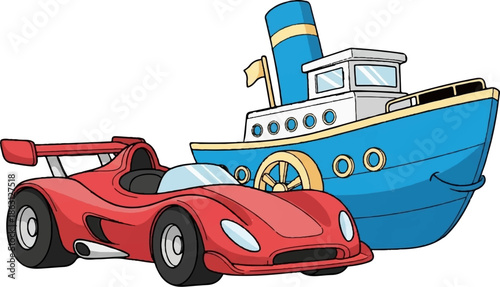 Red sports car and blue tugboat, playful, isolated on white