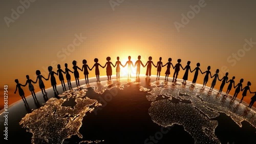 A Global Community United: Silhouetted Figures Holding Hands Against a Breathtaking Sunrise Over Earth, Symbolizing Harmony, Togetherness, and Global Connection