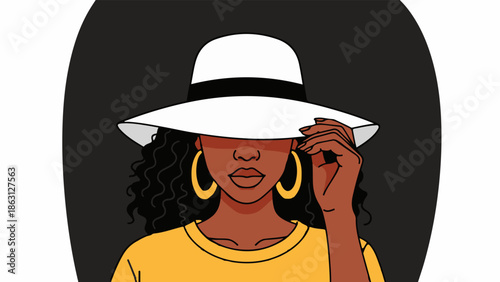 Person wearing a wide-brimmed white hat and gold earrings