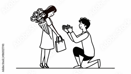 Man kneeling and proposing to woman with flowers and shopping bag