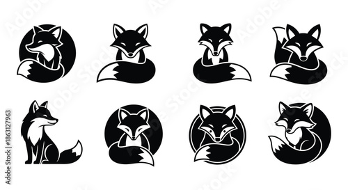 Variety of black and white fox head illustrations in different circular designs