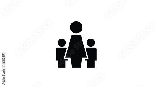 A simple black silhouette depicts a mother with two children standing together