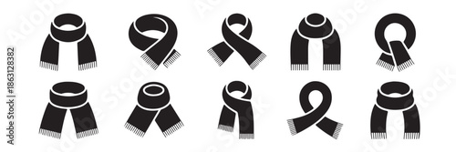 Collection of winter scarf fashion accessory vector concept of neckwear for seasonal activities and warm weather clothing style design in multiple shapes and tied styles