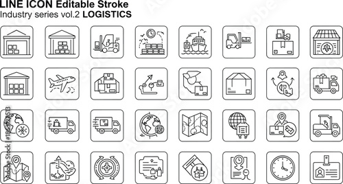 Set of black and white logistics including warehouses, trucks, ships, and delivery vehicles