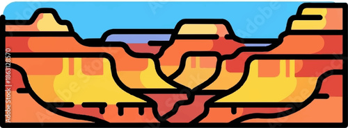 Flat illustration of a layered desert canyon. Red, orange, yellow rock formations under a blue sky