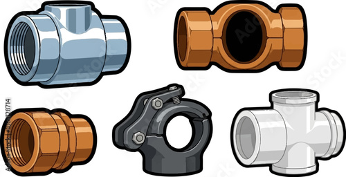 Five stylized illustrations of different metal and plastic plumbing and industrial pipe fittings