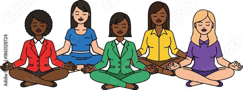 Five diverse women in business attire meditate in a peaceful lotus pose