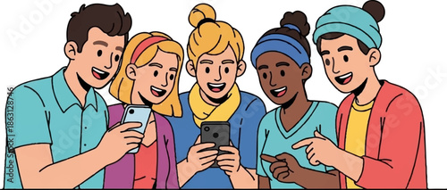 Five diverse friends gather, excitedly sharing a digital moment on a smartphone