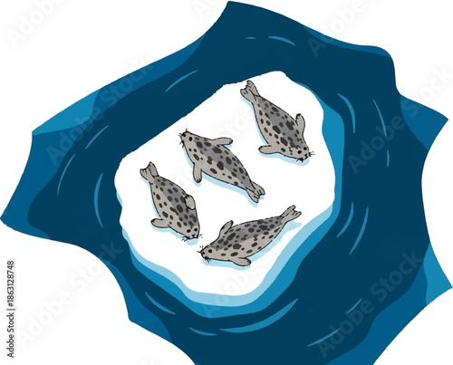 Five cute cartoon seals rest on a white ice floe, surrounded by deep blue Arctic water. Stylized wildlife