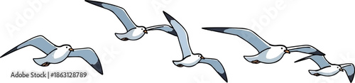 Five cartoon-style seagulls in flight, with blue and white plumage and black wingtips