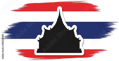 Silhouette of a tiered Thai temple on a background of the Thai flag