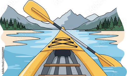 First-person perspective from a yellow kayak on a calm lake, paddle resting, surrounded by mountains, trees, and shore