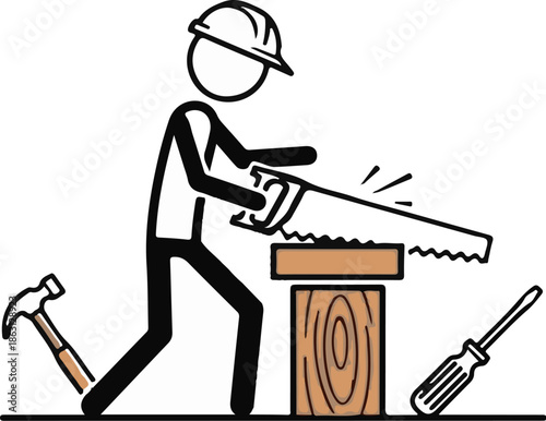 Figure with hard hat saws wood on block, hammer, screwdriver