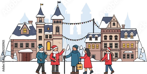 Festive winter town illustration with snow-covered buildings, colorful lights, and people in warm clothes walking and interacting
