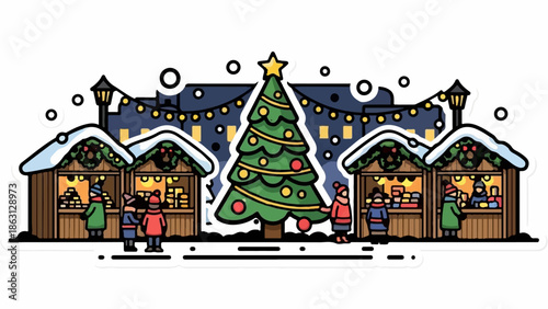 Festive winter market scene with decorated stalls and a large Christmas tree under a starry night sky