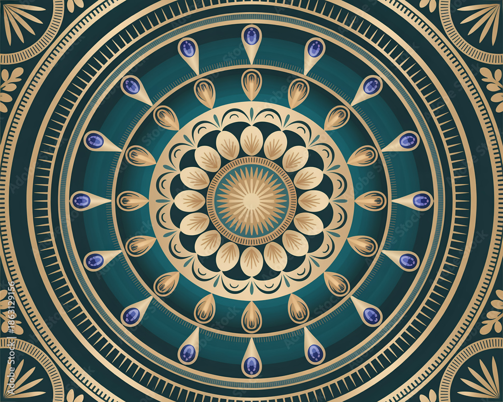 Obraz premium Luxurious vector mandala with deep teal background, radiant gold sunburst, intricate floral and geometric layers, seamless radial symmetry, metallic shine, meditation, spiritual, premium illustration.