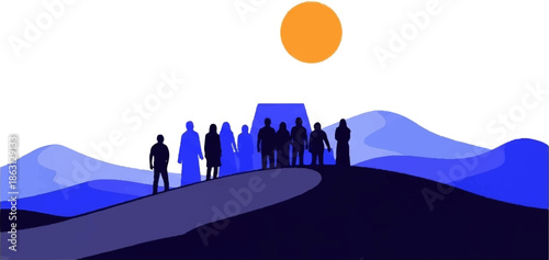 Silhouettes of people stand on a dark hill overlooking blue layered mountains under an orange sun