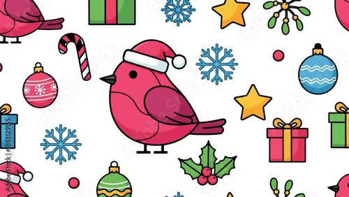 Festive red bird with Christmas ornaments, snowflakes, gifts, stars, and mistletoe