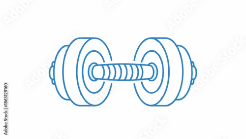 Simple blue outline drawing of a classic dumbbell icon on a clean white background, depicting fitness equipment