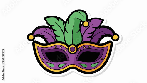 Festive purple and green masquerade mask with feathered jester hat